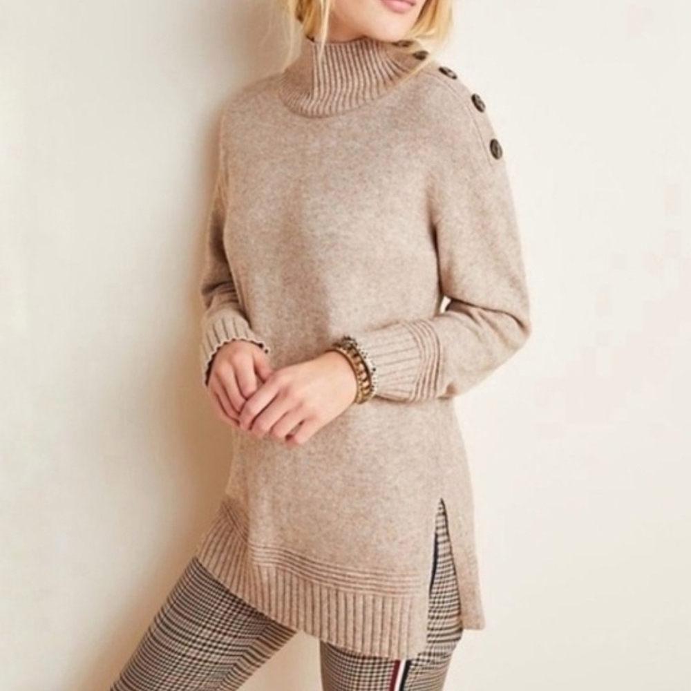 Anthropologie Women’s Oatmeal Mock Neck Margarita Tunic Sweater Button Shoulder